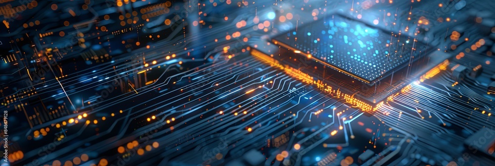 Leinwandbilder Close-up of a modern microprocessor on a motherboard, with digital data streams and glowing effects, symbolizing AI processing power and future tech. Generative AI