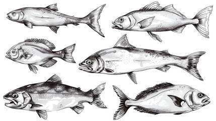 Seafood sketch. Vintage fish, drawing food. Delicious shrimp, shell squid. Sea cuisine, grilled crab calamari. Fresh raw market vector set