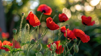 Naklejka premium Red poppies flourish in the summertime garden