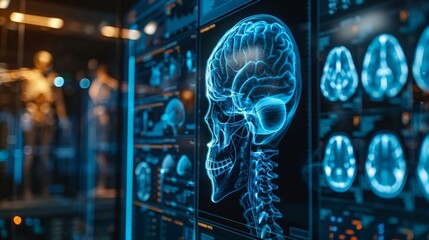 Fototapeta premium computed tomography of the human brain, black and blue images. people and health. medical examination.