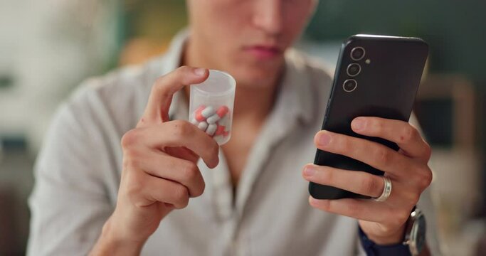 Hands, phone and pills for medicine search, health warning or person reading label in home closeup. Smartphone, medication bottle and information for drugs online, side effects or supplement benefits