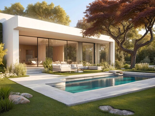 Une maison moderne de. luxe élégante avec piscine et jardin paysager. La piscine est entourée de chaises longues et de plantes en pot. 