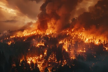 Intense forest fire ravaging through dense woodland area at dusk, with towering flames and thick plumes of smoke. dramatic scene highlights destructive power and impact of wildfire on nature.