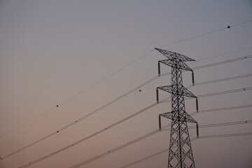 High voltage electricity transmission tower with the copy space, Electricity distribution pylon...