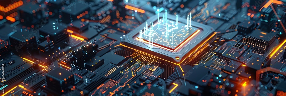 Fototapete A close-up shot of a modern microprocessor on a motherboard, surrounded by intricate digital data streams and glowing light effects. Generative AI