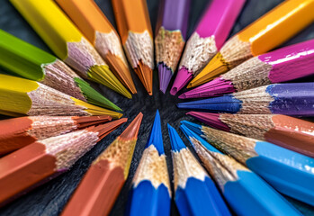 Naklejka premium Colored pencils in circle on black background