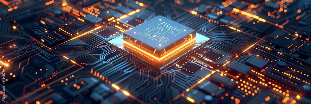 Poster a close-up image of a modern microprocessor on a motherboard, with intricate digital data streams an