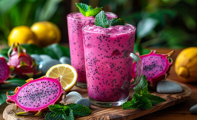 Dragon fruit smoothie in glass with mint and lemon on wooden table