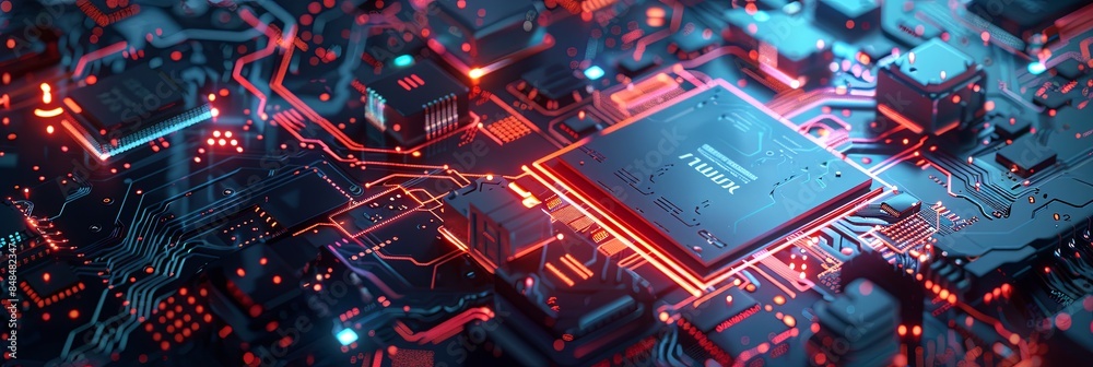 Fototapete a close-up of a microprocessor on a motherboard, surrounded by glowing digital data streams, symboli