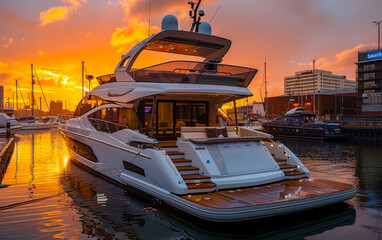 Luxury yachts docked in the marina at sunset