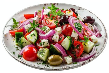 A Greek salad with a mix of fresh vegetables including cucumber, white background