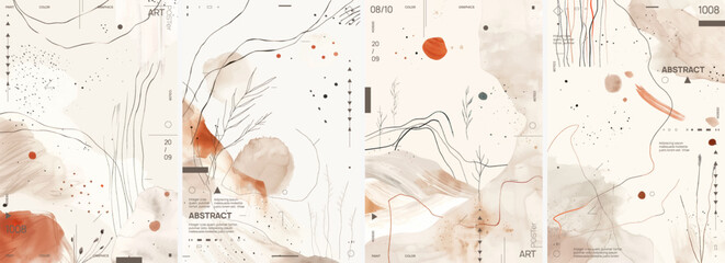 This set of four designs features light brown and beige abstract line art illustrations with organic shapes, watercolor washes with ink lines, and a mix of natural tones and vibrant reds and oranges.