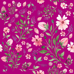 Seamless pateern of stylized wildflowers hand drawn in watercolor, perfect for textiles, scrapbooking, wallpaper, wrapping paper, cards and invitations