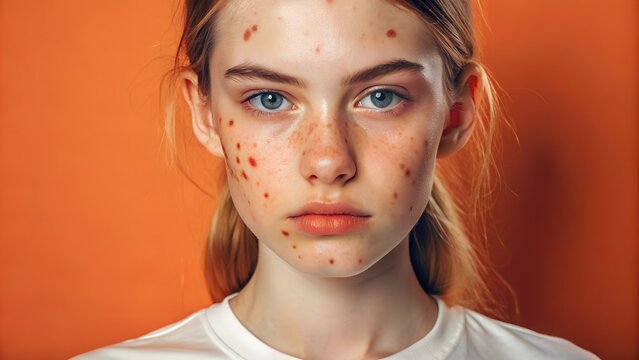 Teenage girl with acne problem on beige background, closeup, skin problem, ance scar