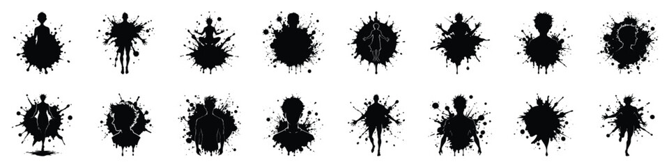 Collection of Ink Splatter Silhouette Characters in Various Poses. High-Quality Vector Illustrations for Artistic and Creative Designs.