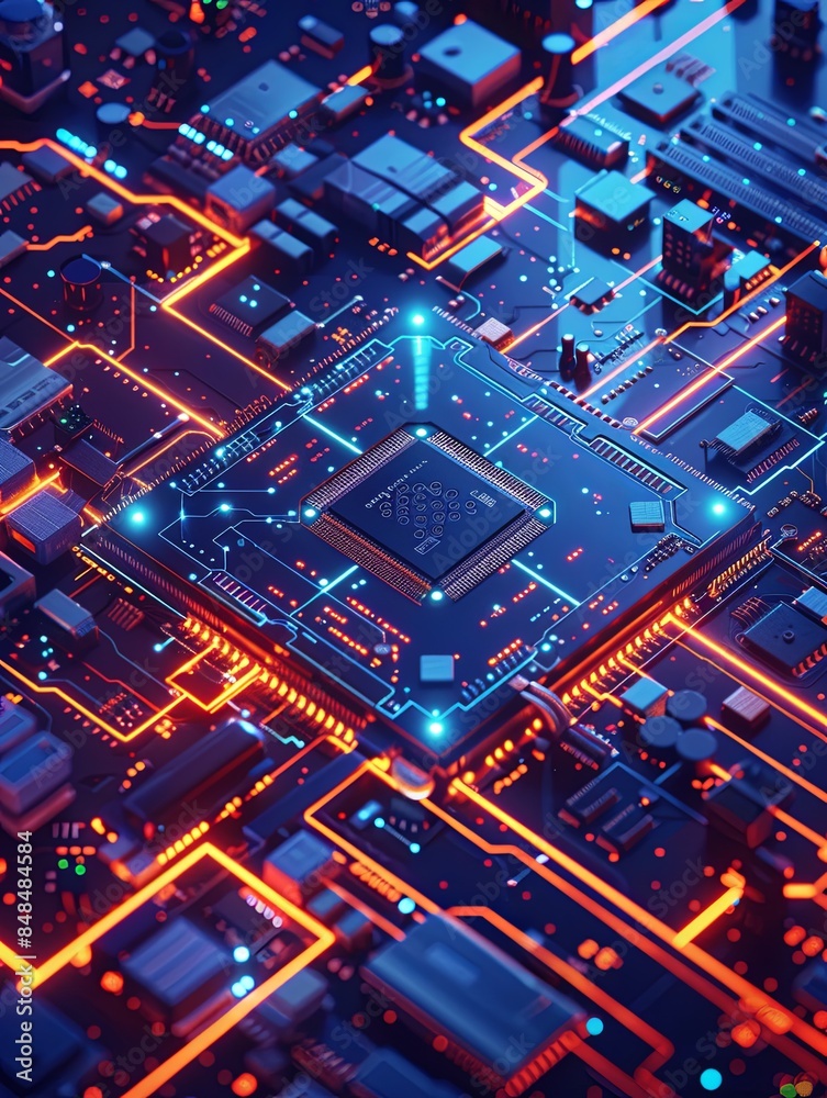 Poster a close-up image of a modern microprocessor on a motherboard, surrounded by glowing digital data str