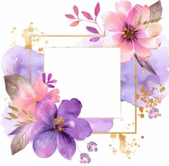 Watercolor pink and purple floral frame with a gold square 