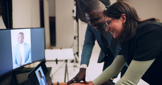 People, photographer and production on laptop in studio for editing photoshoot pictures, digital art or teamwork process. Woman, editor and backstage on screen with photography catalog for magazine