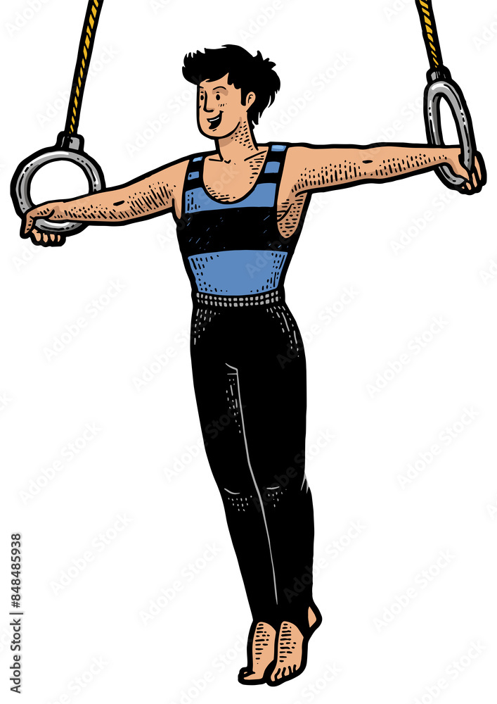 Wall mural Gymnast performing iron cross on steady rings color sketch engraving PNG illustration. T-shirt apparel print design. Scratch board imitation. Black and white hand drawn image.