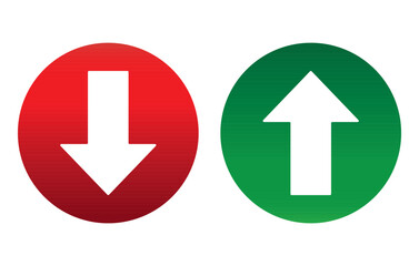 Up and Down arrows inside the round with green and red arrow vector illustration. Concept of sales bar chart symbol icon with arrow moving down and sales bar chart with arrow moving up.