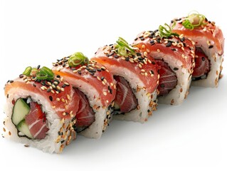 A spicy tuna roll with fresh tuna, white background