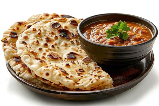A serving of roti canai with crispy edges and a soft center, white background