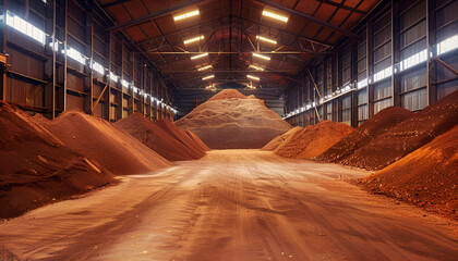 vast heap of vibrant red dirt fills the warehouse, gathered from the mining and processing of potash fertilizers