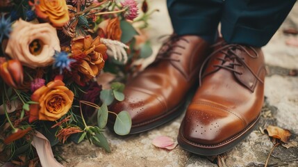 Bridal flowers resting by the groom s brown footwear