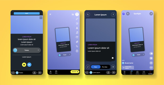 Snapchat event tool. Snap chat app interface. Story and spotlight. Social media marketing mock up. Digital ticket. Ticketmatcher. Interactive feature. Vector illustration