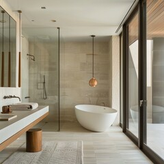 Contemporary Bathroom with an open Layout. New design of modern living. Style. Freestanding Bathtube.