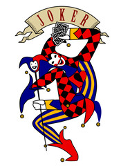 Dancing and smiling Joker in colorful suit with playing cards and retro ribbon banner isolated on white. Color linear drawing in flat design. Vector illustration