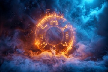 Obraz premium Zodiac Wheel Burning With Orange Flames Surrounded By Blue and Orange Smoke background