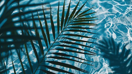 tropical leaf shadow on the surface of the water. Water blue with the shadow of palm leaves. Lovely abstract background idea banner for a beach getaway in summer
