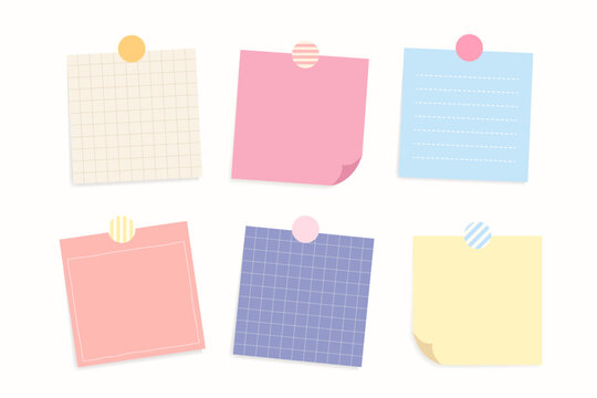 Bundle of pastel cute colorful paper note. Blank sticky note for message. Piece of different colored memo note template for reminder, announcement, advertising, information. Flat vector illustration.