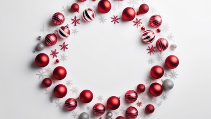 Obraz premium Christmas holiday composition. Festive creative pattern in shape of circle free space for an inscription, christmas colorful decor, festive balls and snowflakes on white background. Flat lay, top view