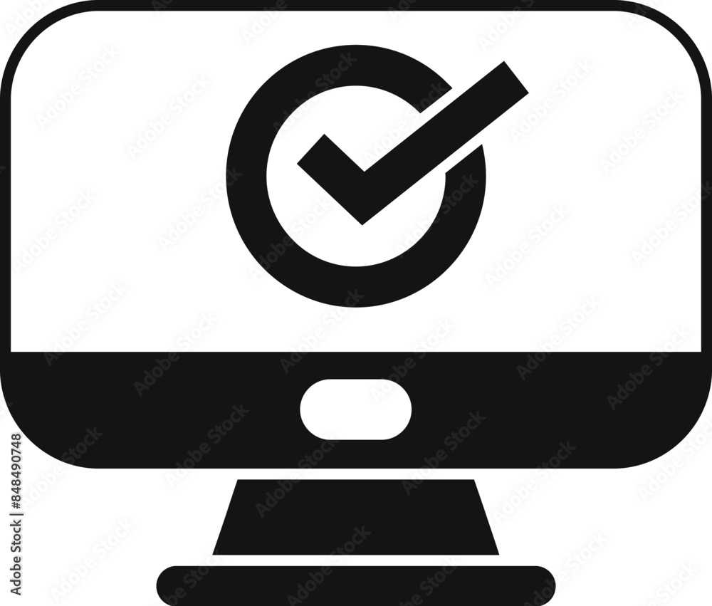 Poster black and white icon of a computer monitor displaying a check mark, representing online approval and