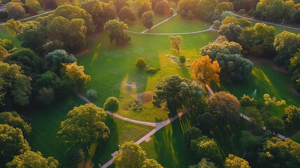 Drone Photo of Park with Trees and Grass in Golden Hour Glow