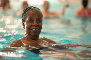 Happy senior woman is enjoying her time swimming in a public indoor swimming pool