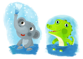 cartoon scene with wild animal elephant and crocodile alligator doing things like human on white background illustration for children