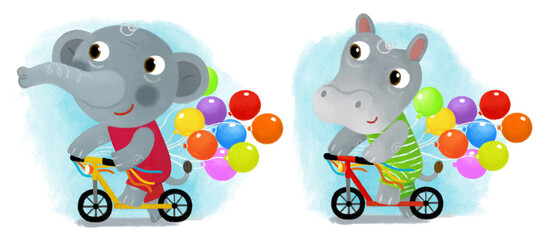 cartoon scene with happy little boy elephant and hippo hippopotamus having fun riding scooter on white background illustration for children