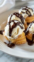 Profiteroles filled with vanilla ice cream and topped with chocolate sauce, placed on a clean white plate, perfect for confectionery ads