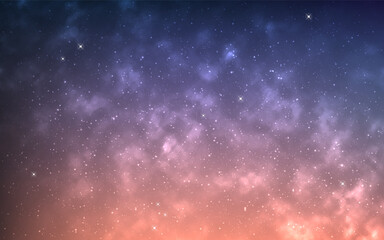 Nebula background. Magic cosmos clouds and stars. Glowing bright galaxy. Color infinite universe. Deep space with stardust. Starry space wallpaper. Vector illustration.