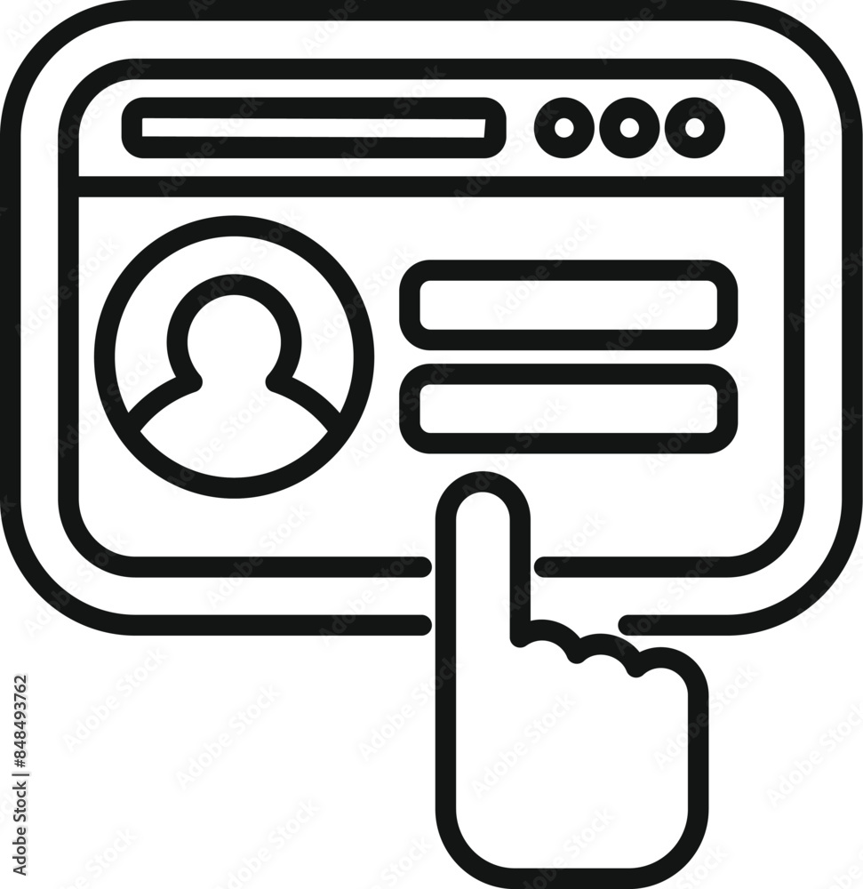 Poster finger tapping on a tablet screen with a user profile and input fields, completing an online form