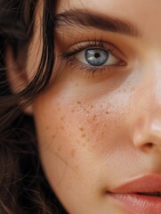 Studio closeup portrait of beautiful young woman with blue eyes  