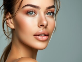 Fototapeta premium Studio closeup portrait of beautiful young woman with blue eyes 