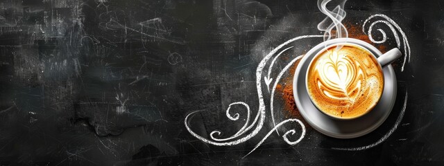 Cappuccino cup with elegant white foam art on chalkboard background. Concept of coffee, barista skills, latte art, morning beverage. Advertisement for coffee shop. Copy space