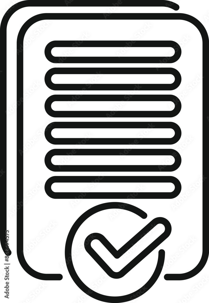 Poster line art icon of a document being validated with a checkmark symbolizing successful verification