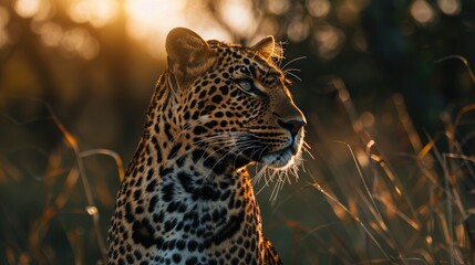 Obraz premium Leopard portrait captured in sunlight highlighting one side of its head