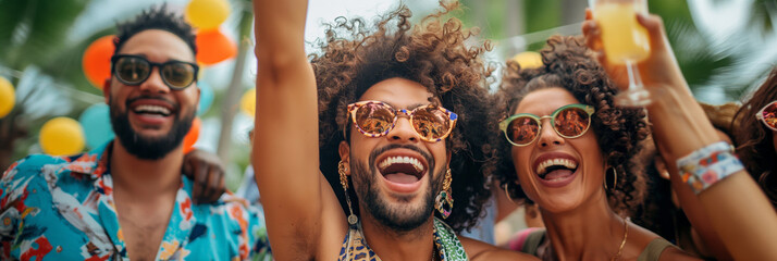 Joyful friends at a vibrant outdoor party. Celebrating good times and togetherness with joy and happiness. Perfect for social events, lifestyle, and summer promotions.
