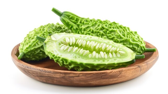 Green bitter cucumber or Chinese bitter melon on a wooden plate against a white background